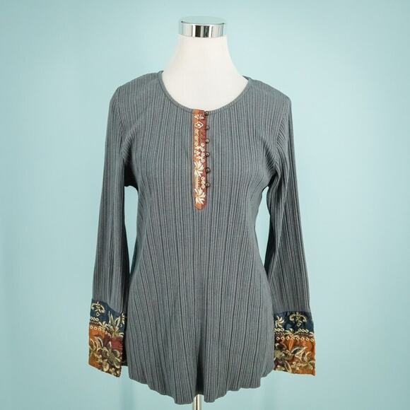 Soft Surroundings Size Medium M Ribbed Knit Boho Floral Embroidered Henley Top - Picture 1 of 7
